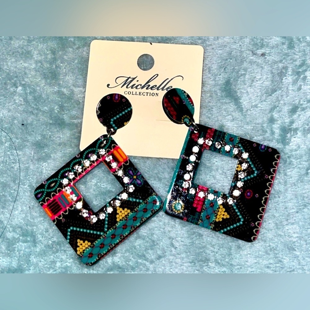 Bold Retro Dangle Earrings Michelle Collection Colorful Rhinestone NWT